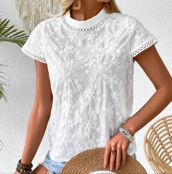 Women Summer Stand Collar Floral Jacquard Short Sleeve Loose Shirt - Picture 2 of 8